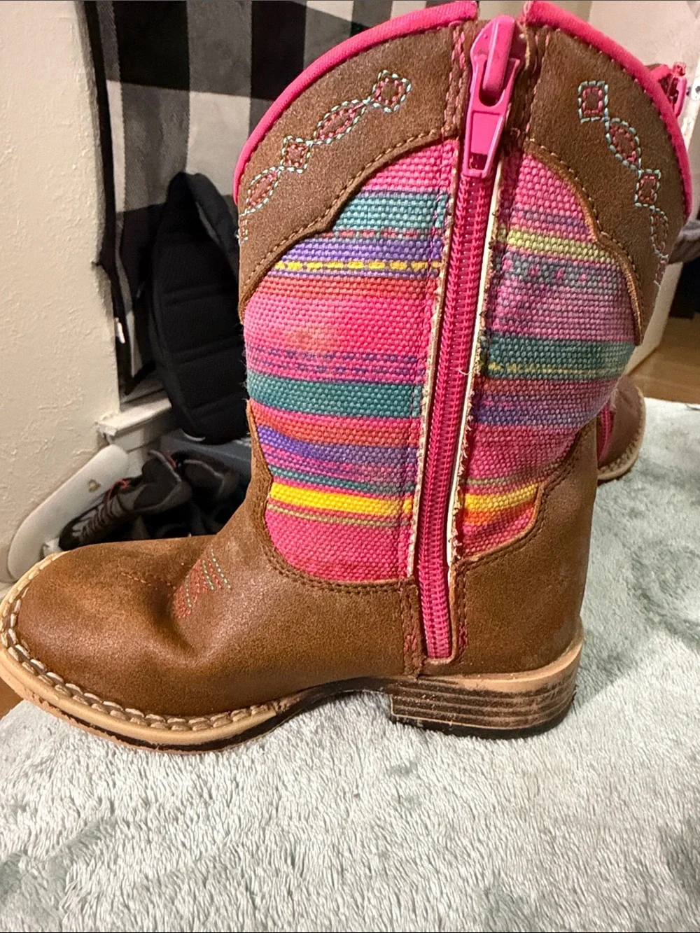 Twister Brown Suede Kids Western Boots with Pink Multi-Stripe Shaft